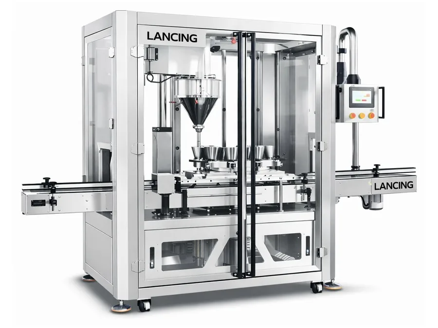 Automatic enclosed auger filling machine with conveyor and rotary indexing table