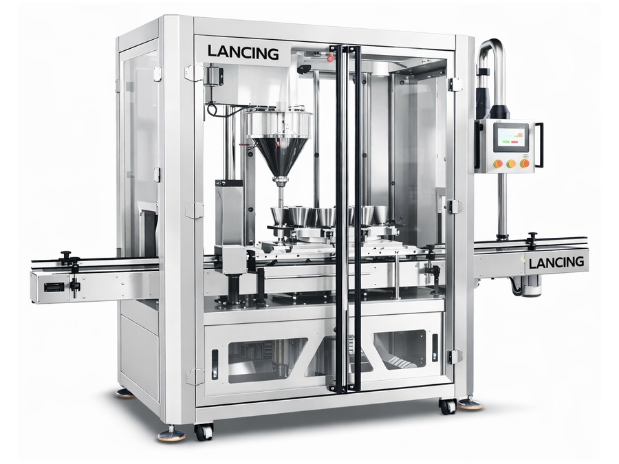 Automatic enclosed auger filling machine with conveyor and rotary indexing table