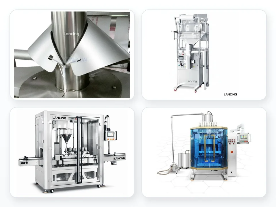 Product images showing auger filler machinery for powder, granule, jar, pouch and bag applications