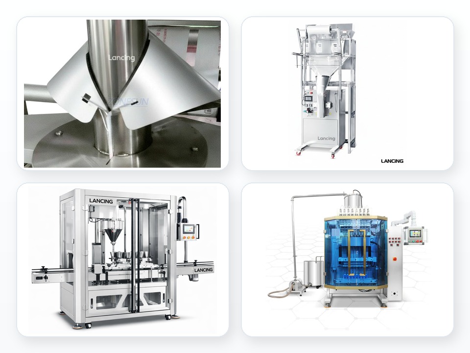Product images showing auger filler machinery for powder, granule, jar, pouch and bag applications