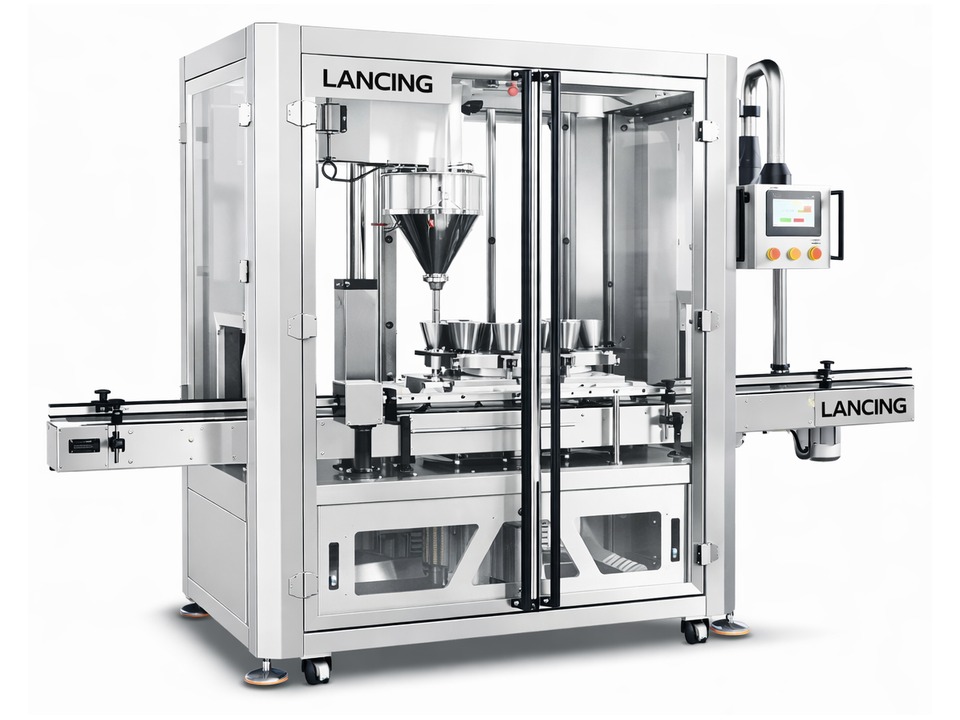 Automatic enclosed auger filling machine with conveyor and rotary indexing table