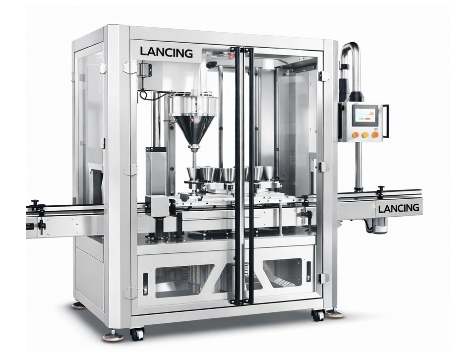 Enclosed automatic auger filling machine for nutraceutical and pharmaceutical powder filling