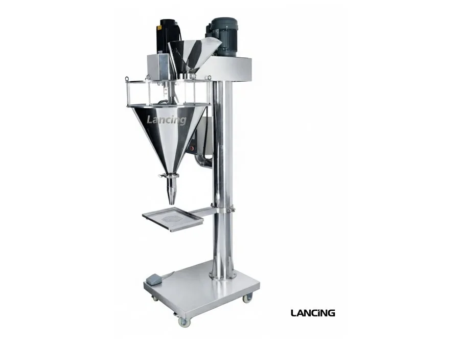 Semi-automatic auger powder filler with stainless hopper and dosing nozzle