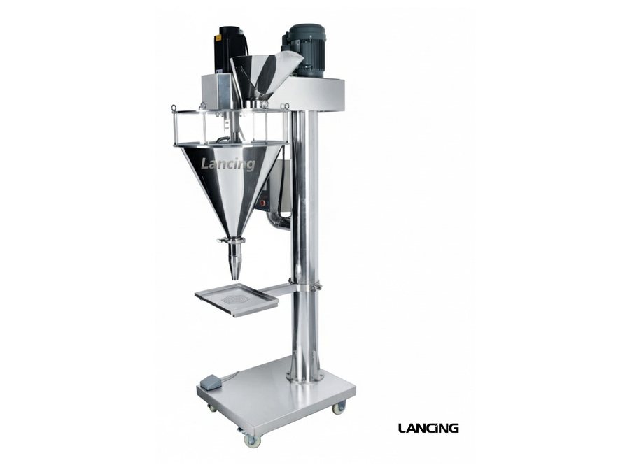 Semi-automatic auger powder filler with stainless hopper and dosing nozzle